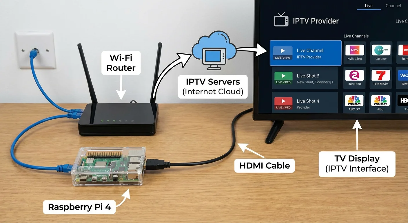 Diagram showing Raspberry Pi connected to router, streaming IPTV content from servers, and outputting to TV display. Components like Pi board, microSD card, HDMI cable, and software flow are labeled
