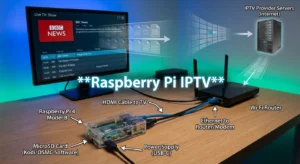 Raspberry Pi IPTV setup showing the Pi connected to a router and streaming IPTV content from provider servers to a TV display, with labeled components like microSD card, HDMI cable, and IPTV software flow
