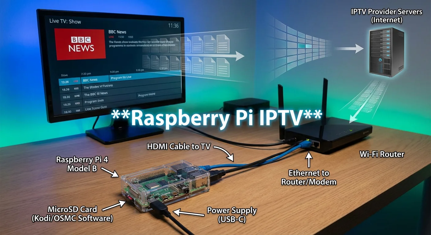 Raspberry Pi IPTV setup showing the Pi connected to a router and streaming IPTV content from provider servers to a TV display, with labeled components like microSD card, HDMI cable, and IPTV software flow