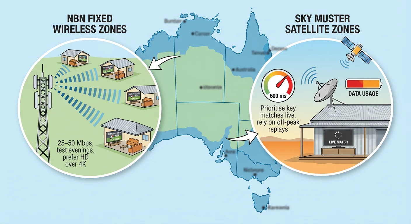 Map-style illustration of regional and rural Australia showing farmhouses connected either to an NBN Fixed Wireless tower or a Sky Muster satellite dish, with icons indicating HD World Cup 2026 IPTV streaming on SBS for Fixed Wireless and warning signs about latency and data caps for satellite users.

