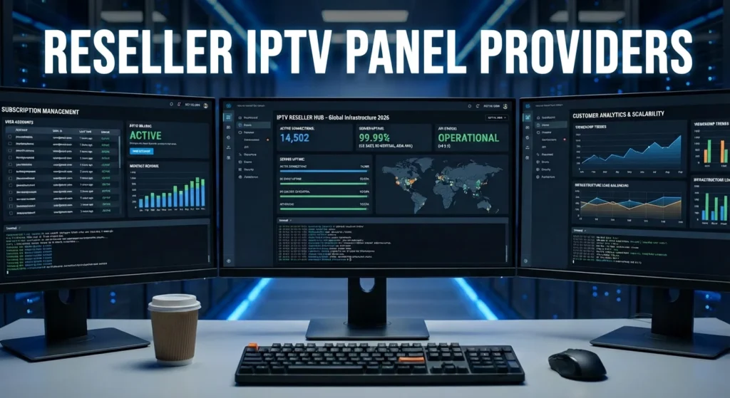 Comparison of reseller IPTV panel providers dashboards showing analytics, user management, server status, and billing modules in 2026
