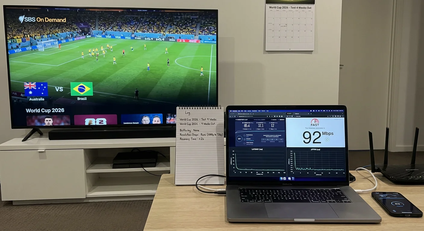 Dashboard-style illustration showing a TV streaming World Cup 2026 via SBS On Demand while a laptop runs an internet speed test at 4:30am, with graphs tracking buffering events, ping and Mbps over time to visualise testing a complete IPTV setup before the tournament.
