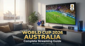 Australian living room overlooking the Sydney Opera House with a big-screen TV streaming World Cup 2026 IPTV Australia on SBS at 4:30am, showing football action in HD/4K with an NBN modem and Aussie flag beside the couch.