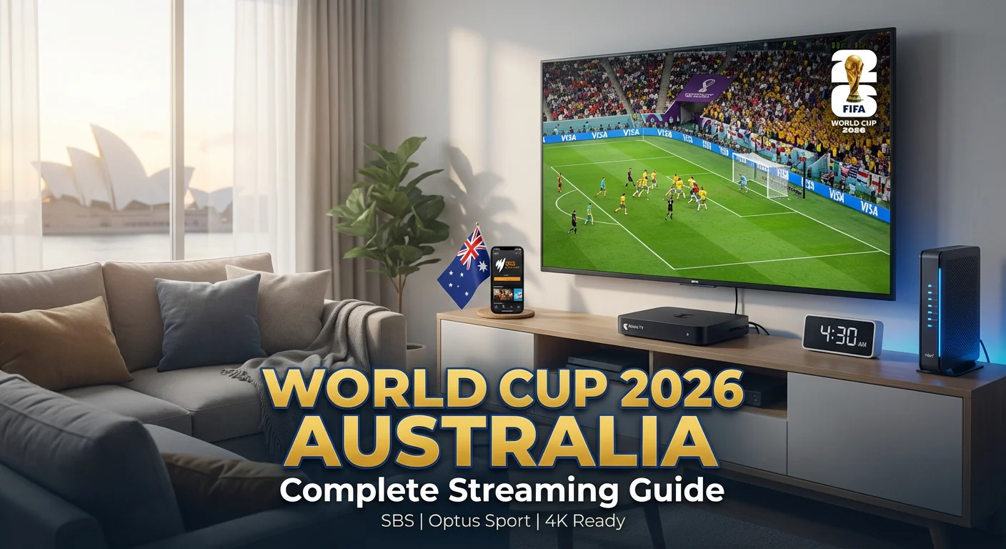 Australian living room at dawn overlooking the Sydney Opera House, with a big-screen TV showing a World Cup 2026 match, Australian flag and phone app on the coffee table, and the headline “World Cup 2026 Australia – Complete Streaming Guide” in bold gold text.

