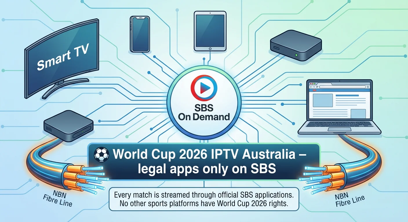Technical diagram for World Cup 2026 IPTV Australia showing the SBS On Demand logo connected by NBN fibre to icons of smart TVs, phones, tablets, streaming boxes, and web browsers, highlighting that every World Cup 2026 match streams legally only via SBS apps.
