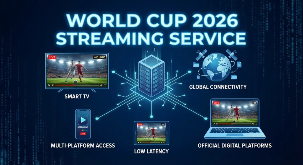 World Cup 2026 streaming service showing digital football match streaming across multiple devices with HD and 4K quality indicators