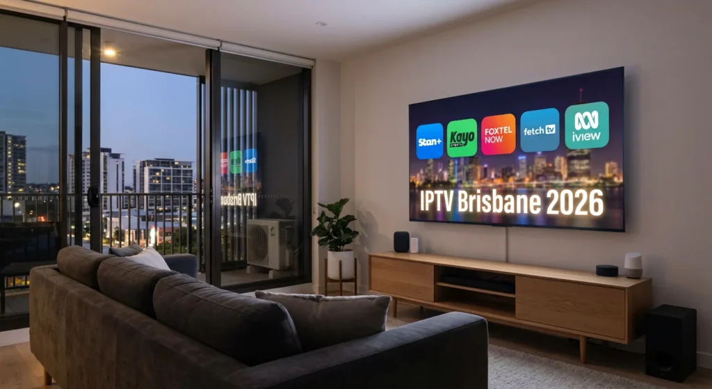Legal IPTV Brisbane 2026 streaming platforms displayed on a modern smart TV, illustrating setup and options for licensed IPTV in Brisbane