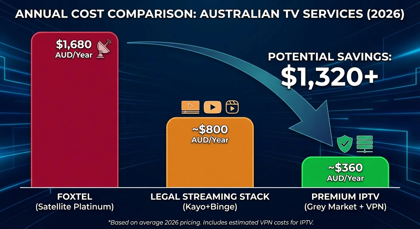 Infographic bar chart illustrating the annual cost comparison in Australia for 2026 between Foxtel Satellite Platinum ($1,680), a legal streaming stack like Kayo and Binge ($800), and Premium IPTV combined with a VPN ($360). The chart highlights over $1,320 in potential annual savings by switching to IPTV.