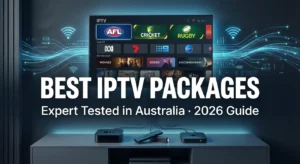 This is a high-quality technical illustration that showcases modern IPTV streaming devices and a 4K smart TV in Australia, highlighting the best IPTV packages for 2026.