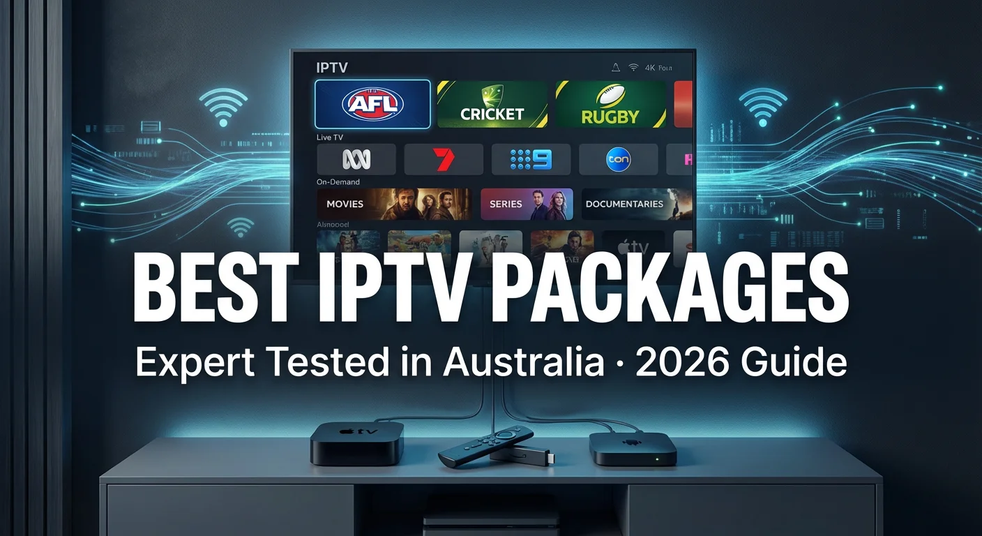 This is a high-quality technical illustration that showcases modern IPTV streaming devices and a 4K smart TV in Australia, highlighting the best IPTV packages for 2026.