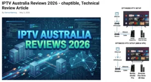 Header image for "IPTV Australia Reviews 2026" featuring a digital server graphic over a map of Australia, alongside technical diagrams illustrating an optimized NBN and VPN setup using Ethernet for Nvidia Shield and Fire Stick devices to prevent buffering.