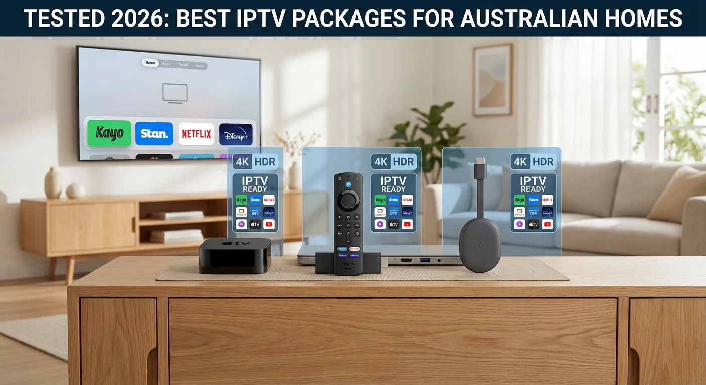 Side-by-side comparison of IPTV streaming devices in Australia including Apple TV 4K, Fire TV Stick 4K Max, and Chromecast, used with best IPTV packages.