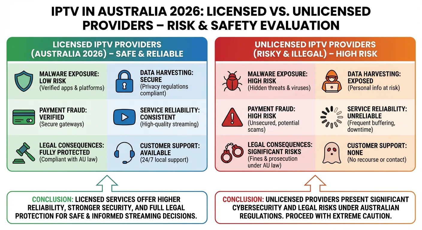 Risk assessment comparison between licensed and unlicensed IPTV providers in Australia showing security, reliability, and legal risks