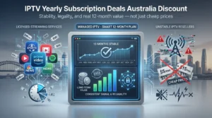 The image provides a high-quality comparison of IPTV yearly subscription deals in Australia, emphasising their stability, legality, and long-term reliability over a 12-month period.