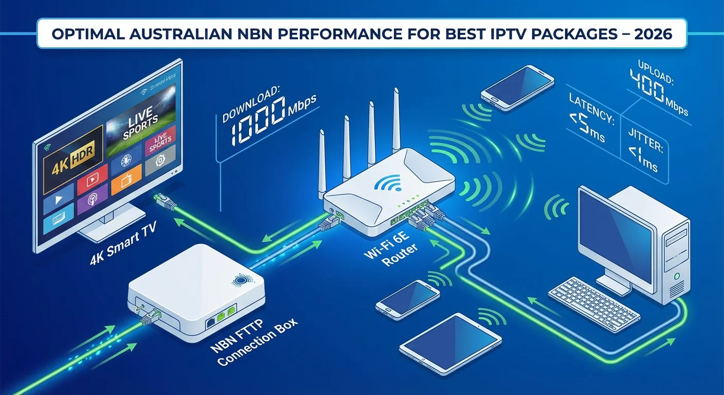 An Australian NBN home network diagram shows stable IPTV streaming speeds optimised for the best IPTV packages.