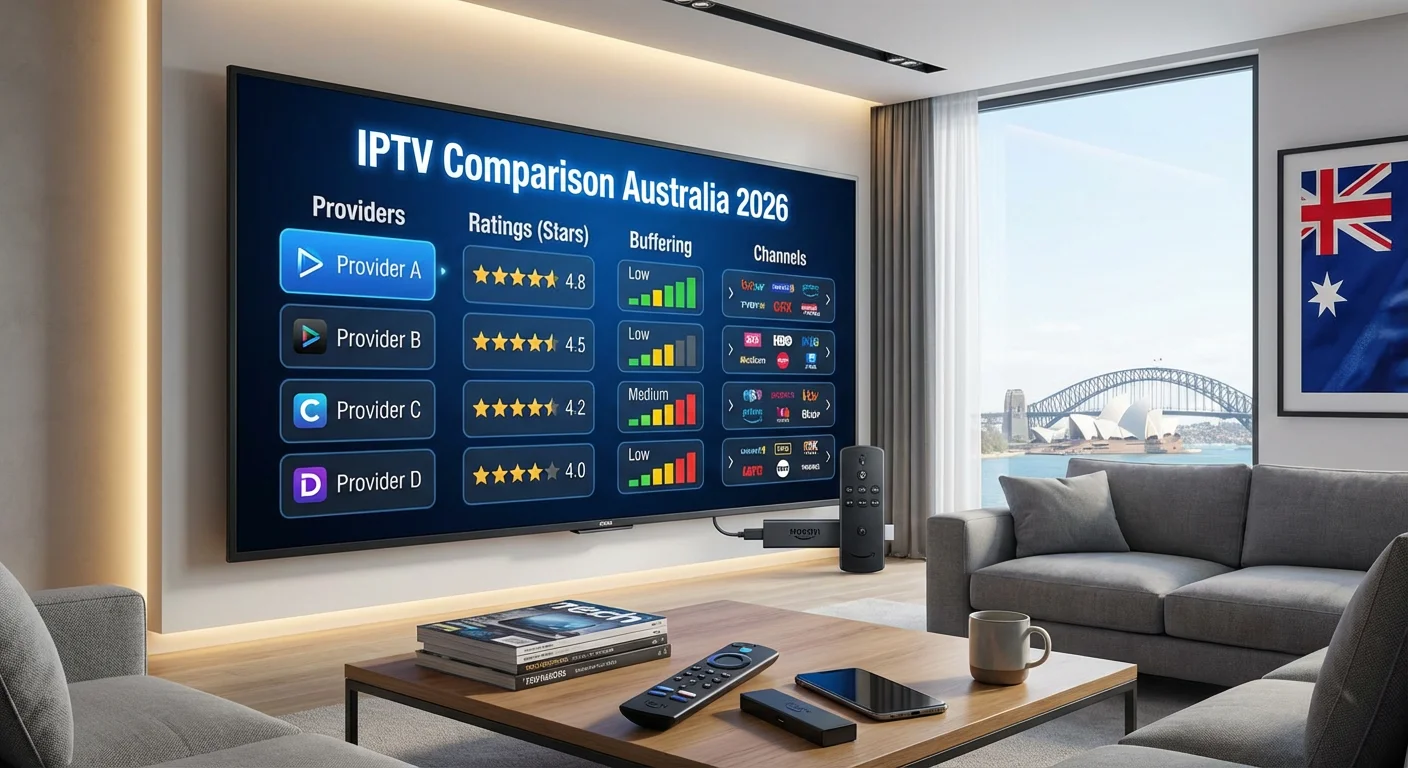 IPTV Comparison Australia 2026 showing IPTV providers tested on smart TV streaming setup