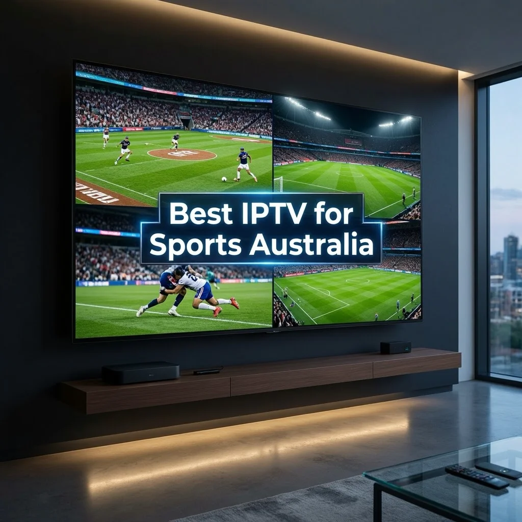 Australian sports streaming setup with highlighted "Best IPTV for Sports Australia" on smart TV and devices