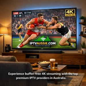 A modern Australian living room with a Smart TV displaying high-quality 4K sports streaming, representing the best premium IPTV providers.