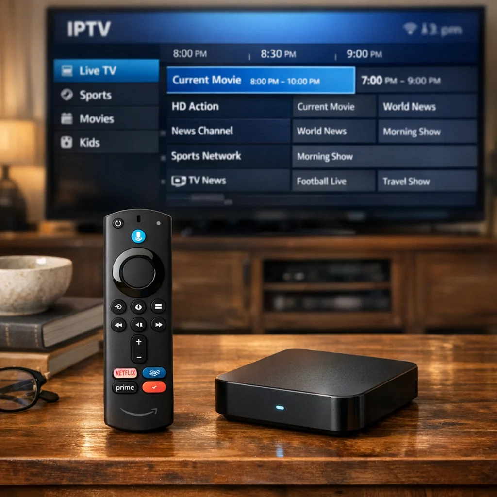 Various streaming devices, including an Amazon Firestick and the Nvidia Shield, illustrate compatibility with premium IPTV services.
