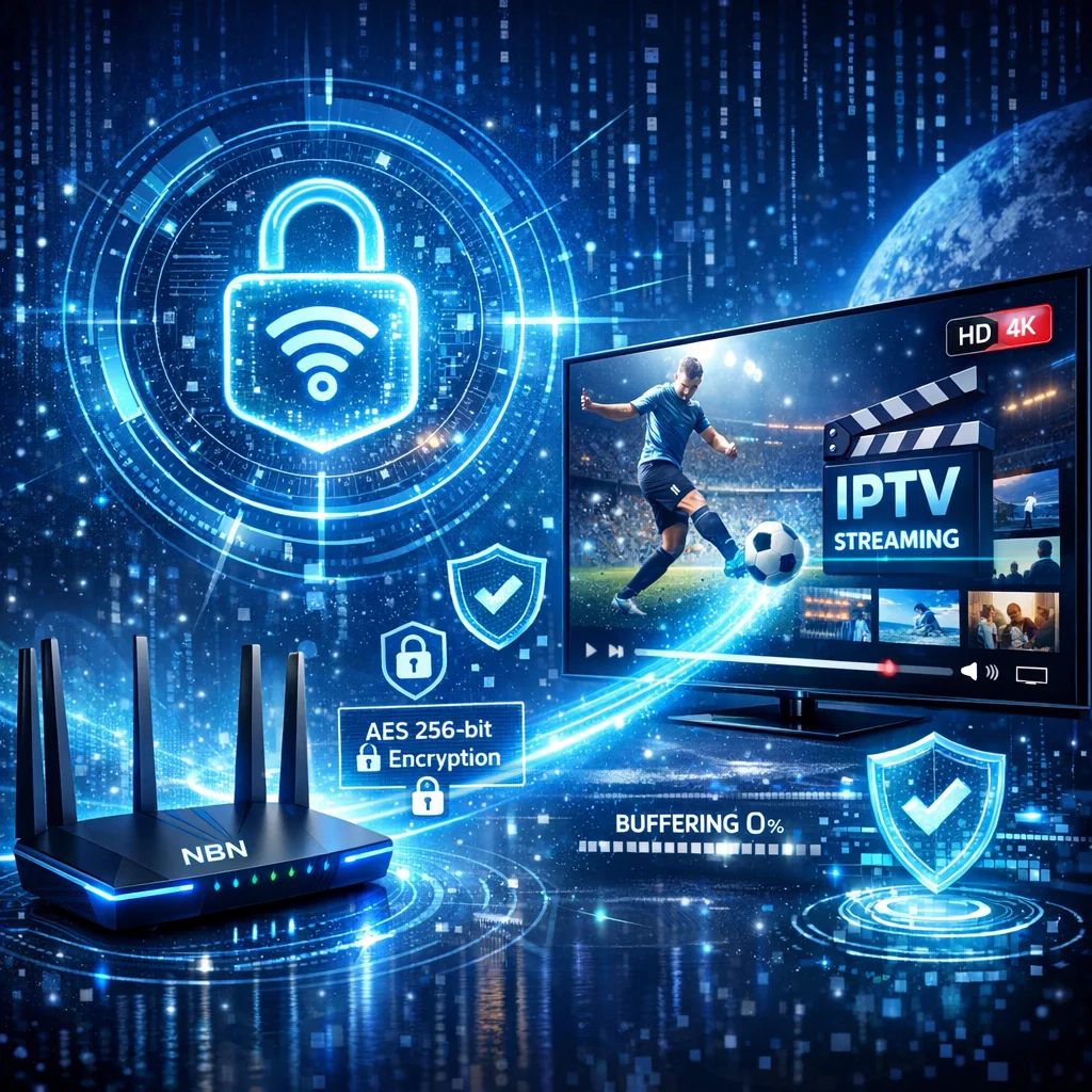  A glowing shield over an internet router symbolizing a secure VPN connection for safe IPTV streaming in Australia